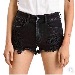 American Eagle Hi-Rise Shortie Black Lace Detail Cut Off Jean Shorts